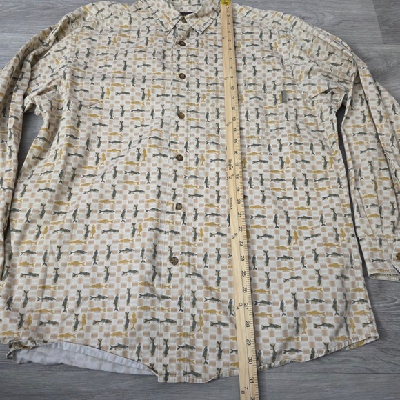 Woolrich Fish Print Button Up Long‎ Sleeve Outdoor Shirt Beige Size L - Picture 2 of 5